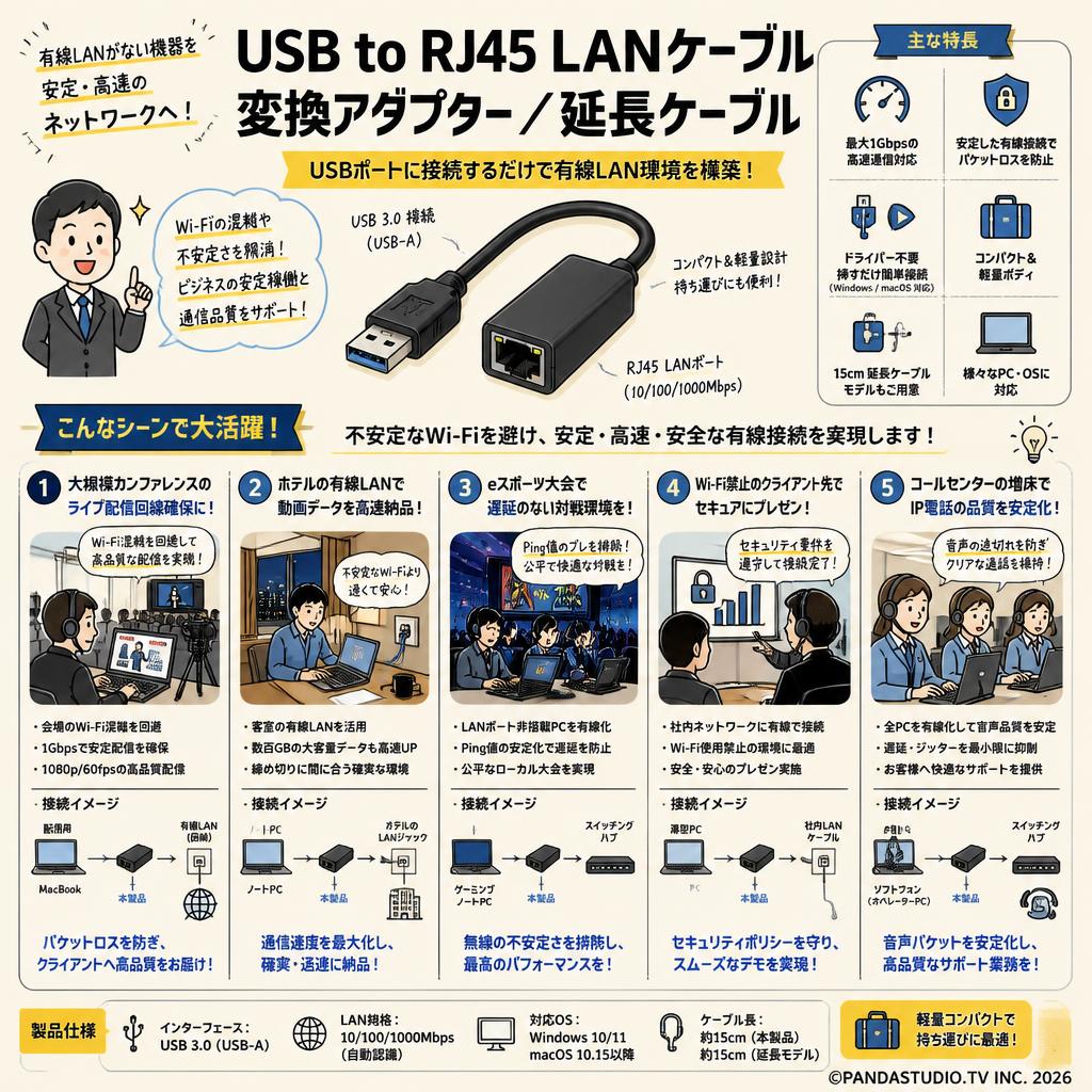 USB to RJ45 LANケーブル変換アダプター/延長ケーブル 用途
