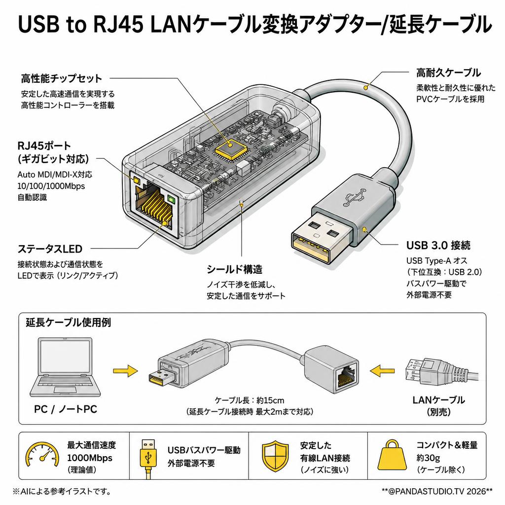 USB to RJ45 LANケーブル変換アダプター/延長ケーブル スペック