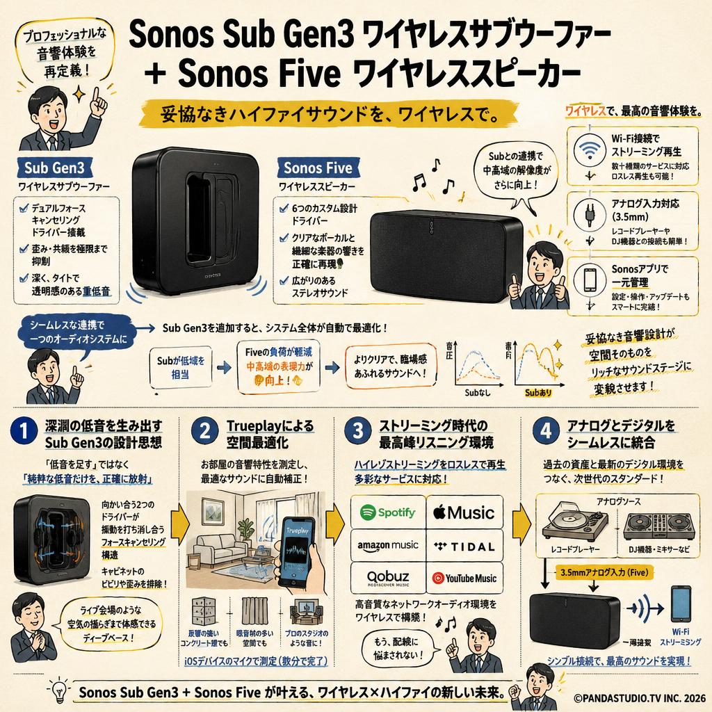 Sonos Sub Gen3 ワイヤレスサブウーファー＋Sonos Five ワイヤレススピーカー 概要