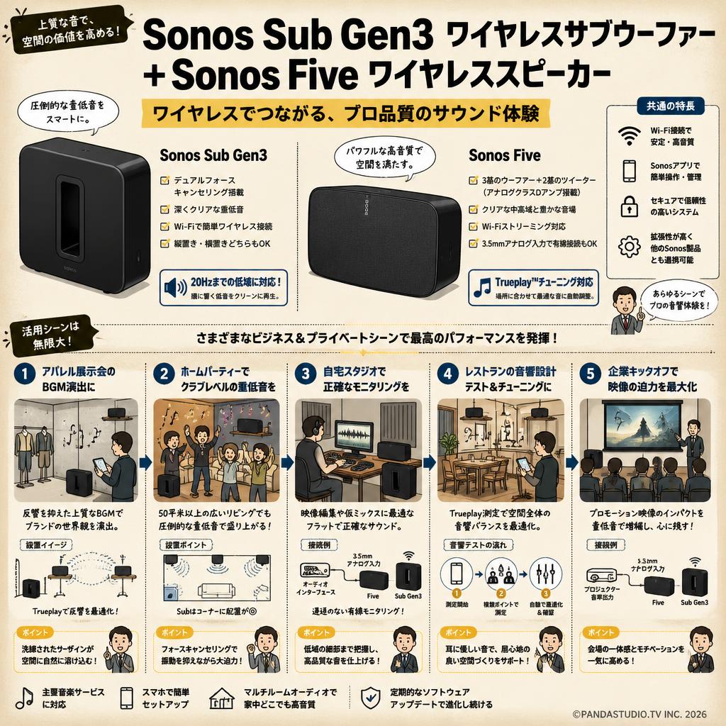 Sonos Sub Gen3 ワイヤレスサブウーファー＋Sonos Five ワイヤレススピーカー 用途
