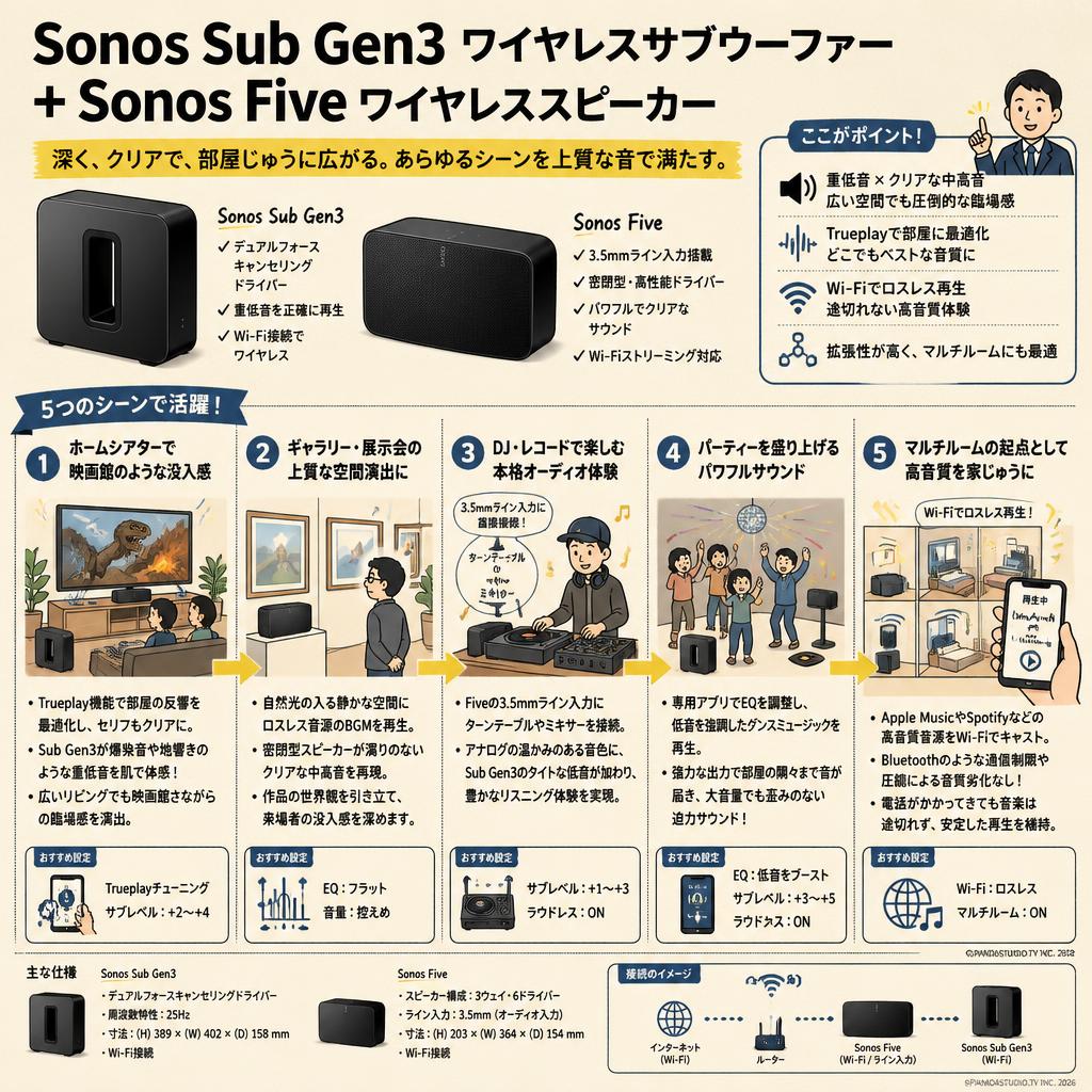 Sonos Sub Gen3 ワイヤレスサブウーファー＋Sonos Five ワイヤレススピーカー 用途