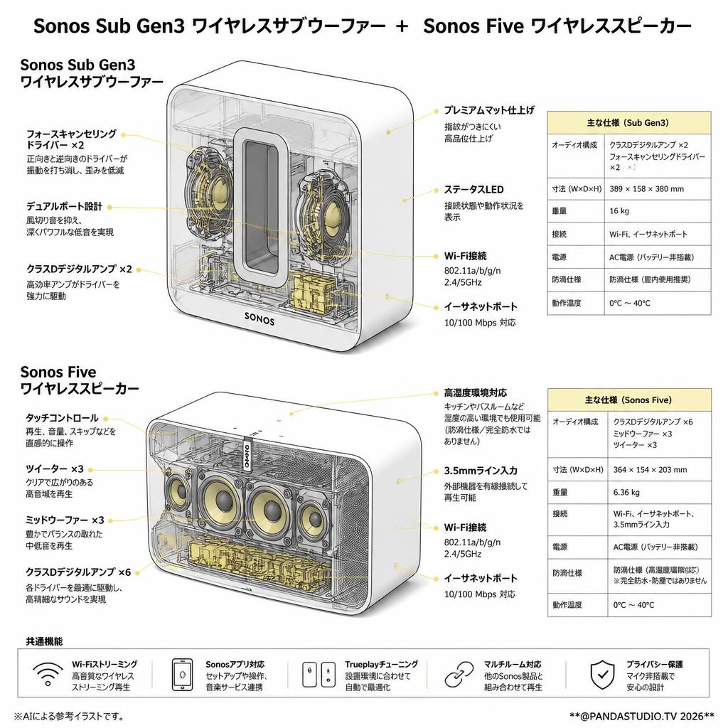 Sonos Sub Gen3 ワイヤレスサブウーファー＋Sonos Five ワイヤレススピーカー スペック