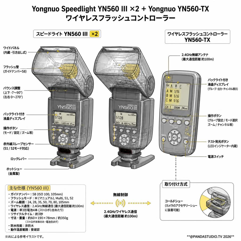 Yongnuo  Speedlight YN560 III ×2＋Yongnuo YN560-TX ワイヤレスフラッシュコントローラー スペック