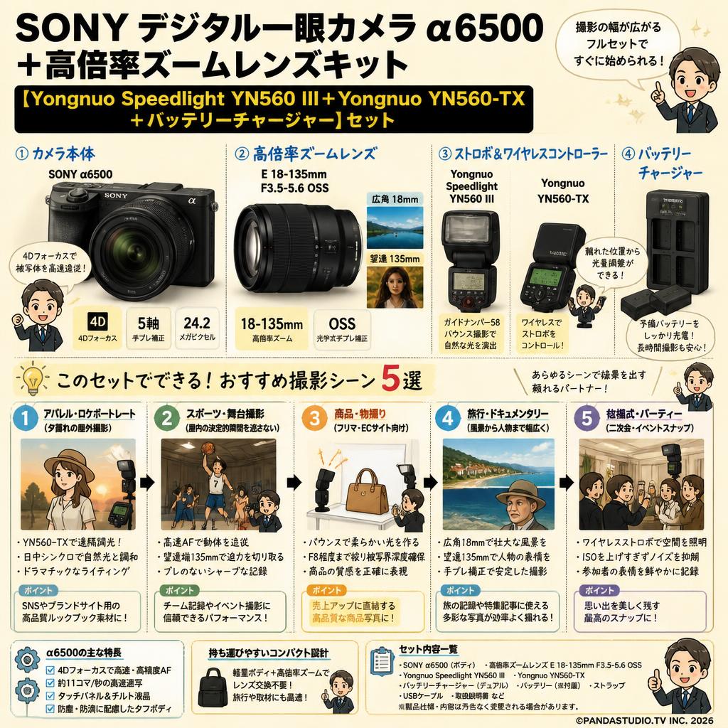 SONY デジタル一眼カメラα6500＋高倍率ズームレンズキット 【Yongnuo  Speedlight YN560 III＋Yongnuo YN560-TX＋バッテリーチャージャー】セット 用途