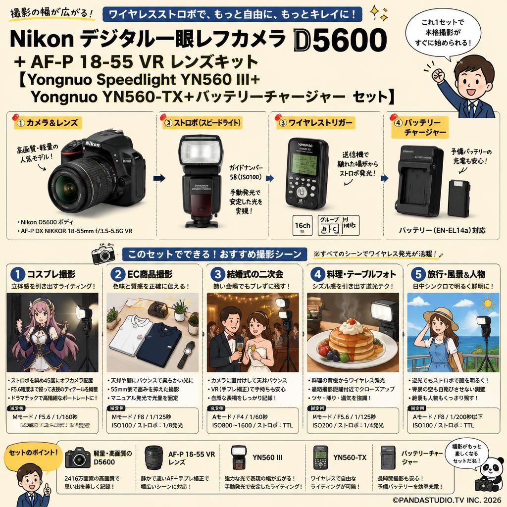 Nikon デジタル一眼レフカメラ D5600＋AF-P 18-55 VR レンズキット【Yongnuo Speedlight YN560 III＋Yongnuo YN560-TX+バッテリーチャージャー】セット 用途
