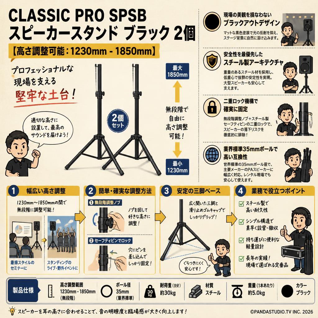 CLASSIC PRO SPSB スピーカースタンド ブラック2個 【高さ調整可能：1230mm - 1850mm】 概要