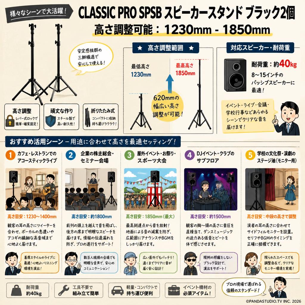CLASSIC PRO SPSB スピーカースタンド ブラック2個 【高さ調整可能：1230mm - 1850mm】 用途