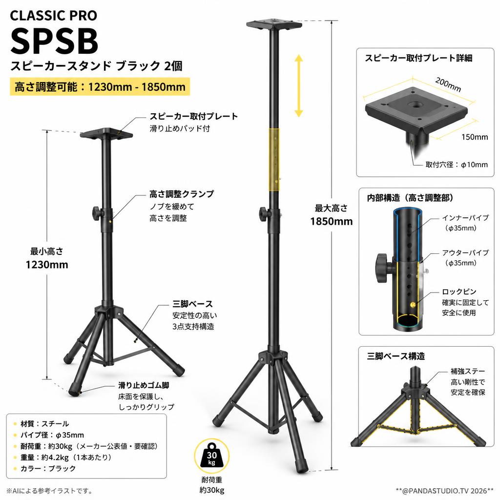 CLASSIC PRO SPSB スピーカースタンド ブラック2個 【高さ調整可能：1230mm - 1850mm】 スペック
