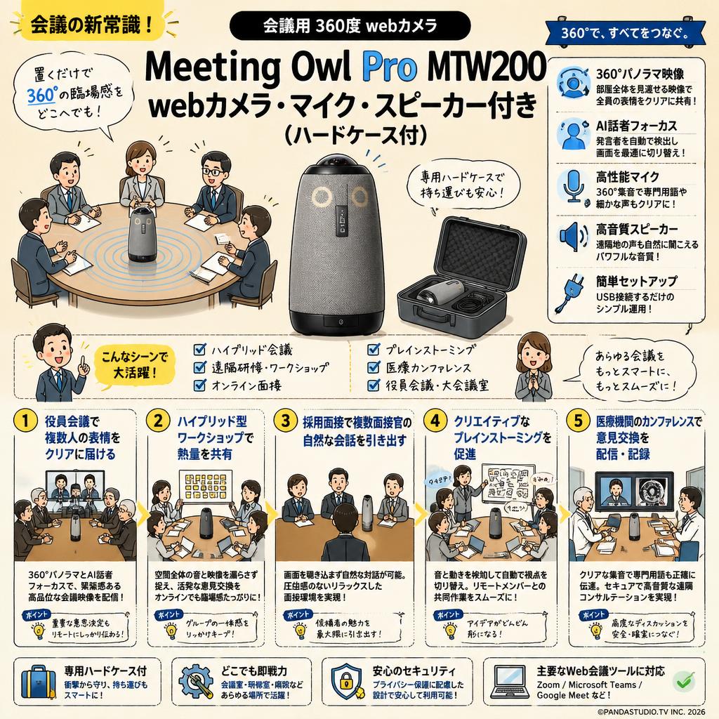 【会議用 360度 webカメラ】Meeting Owl Pro MTW200 webカメラ・マイク・スピーカー付き(ハードケ－ス付) 用途