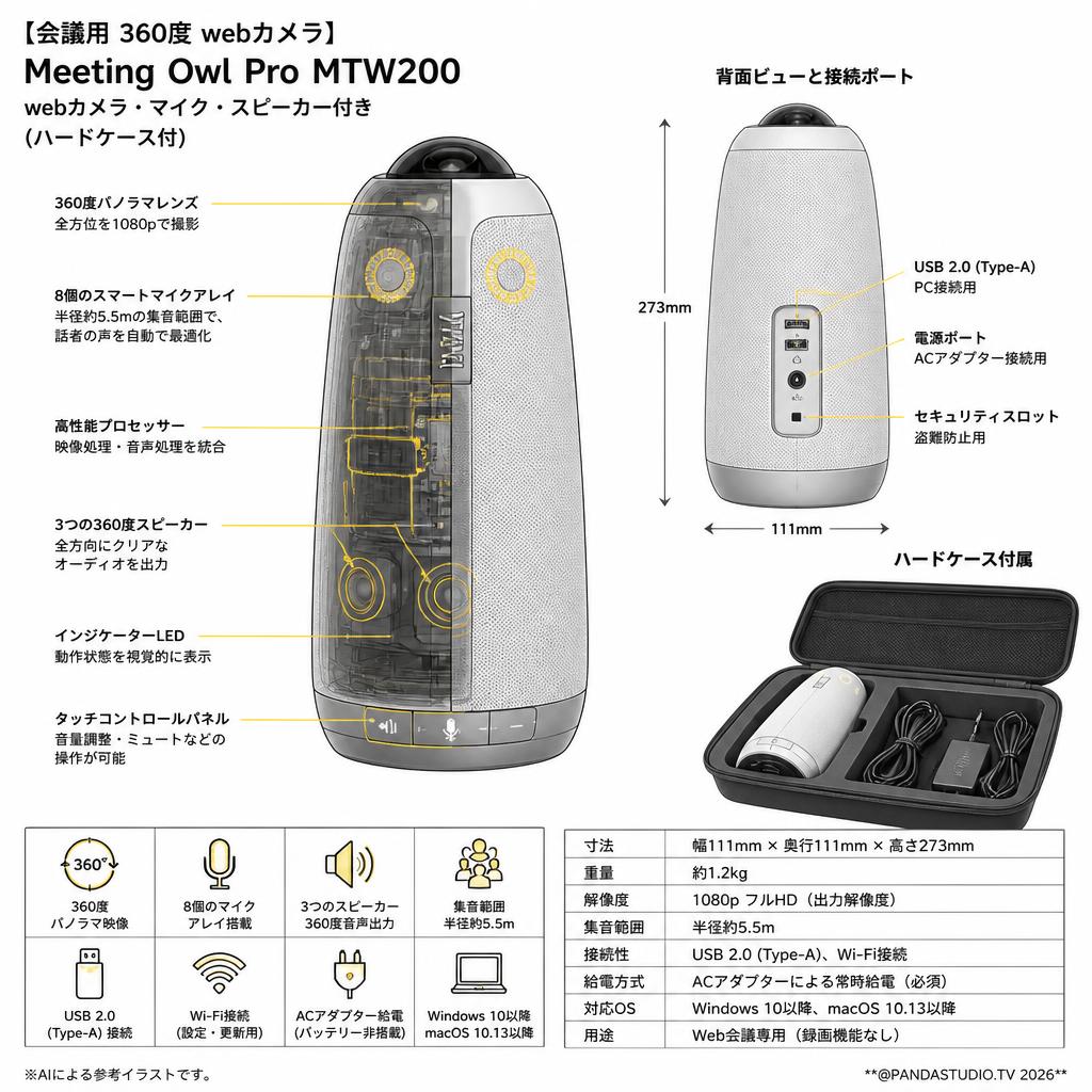 【会議用 360度 webカメラ】Meeting Owl Pro MTW200 webカメラ・マイク・スピーカー付き(ハードケ－ス付) スペック
