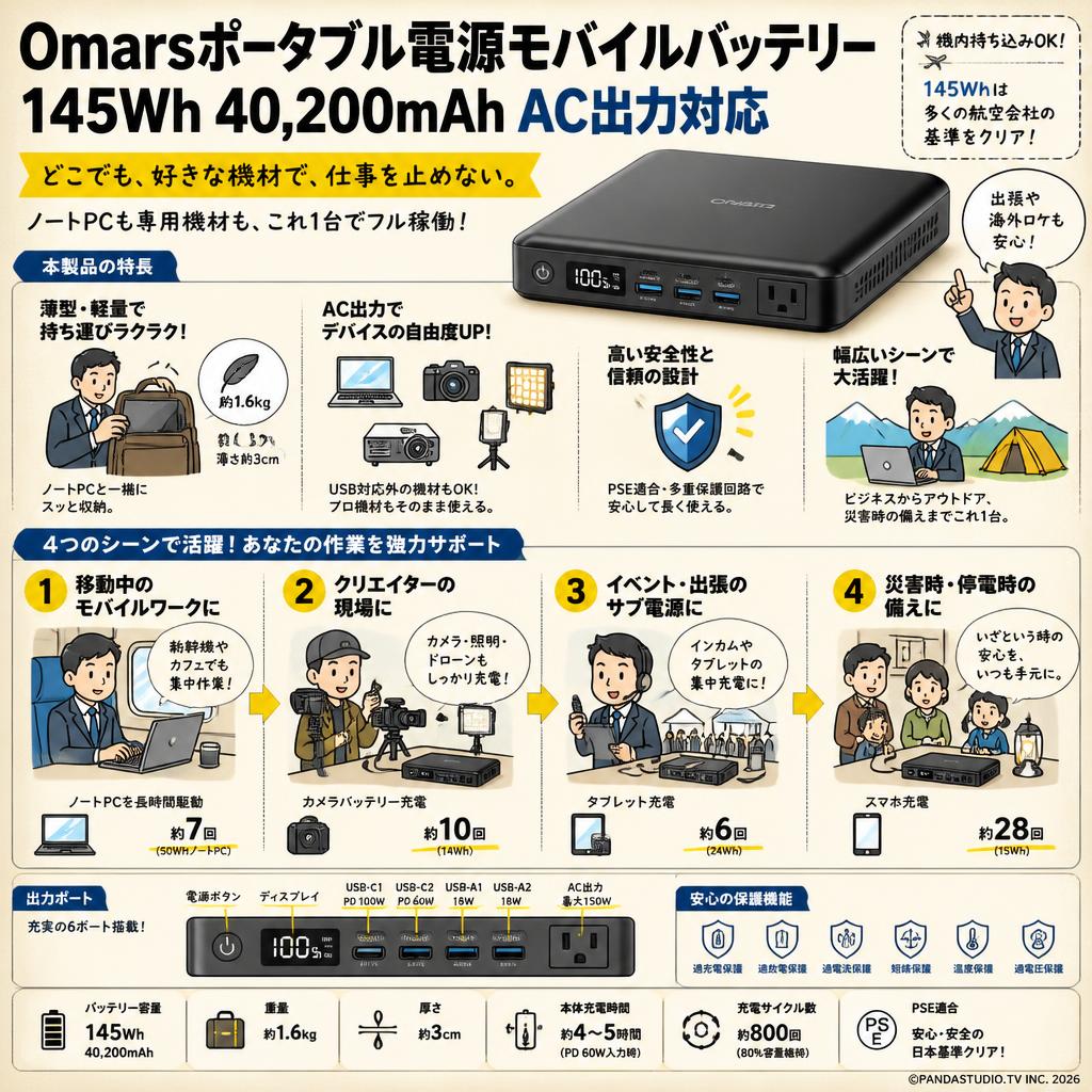 Omarsポータブル電源モバイルバッテリー 145Wh 40,200mAh AC出力対応 概要