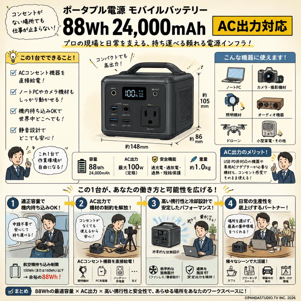 ポータブル電源 モバイルバッテリー 88Wh 24,000mAh AC出力対応 概要