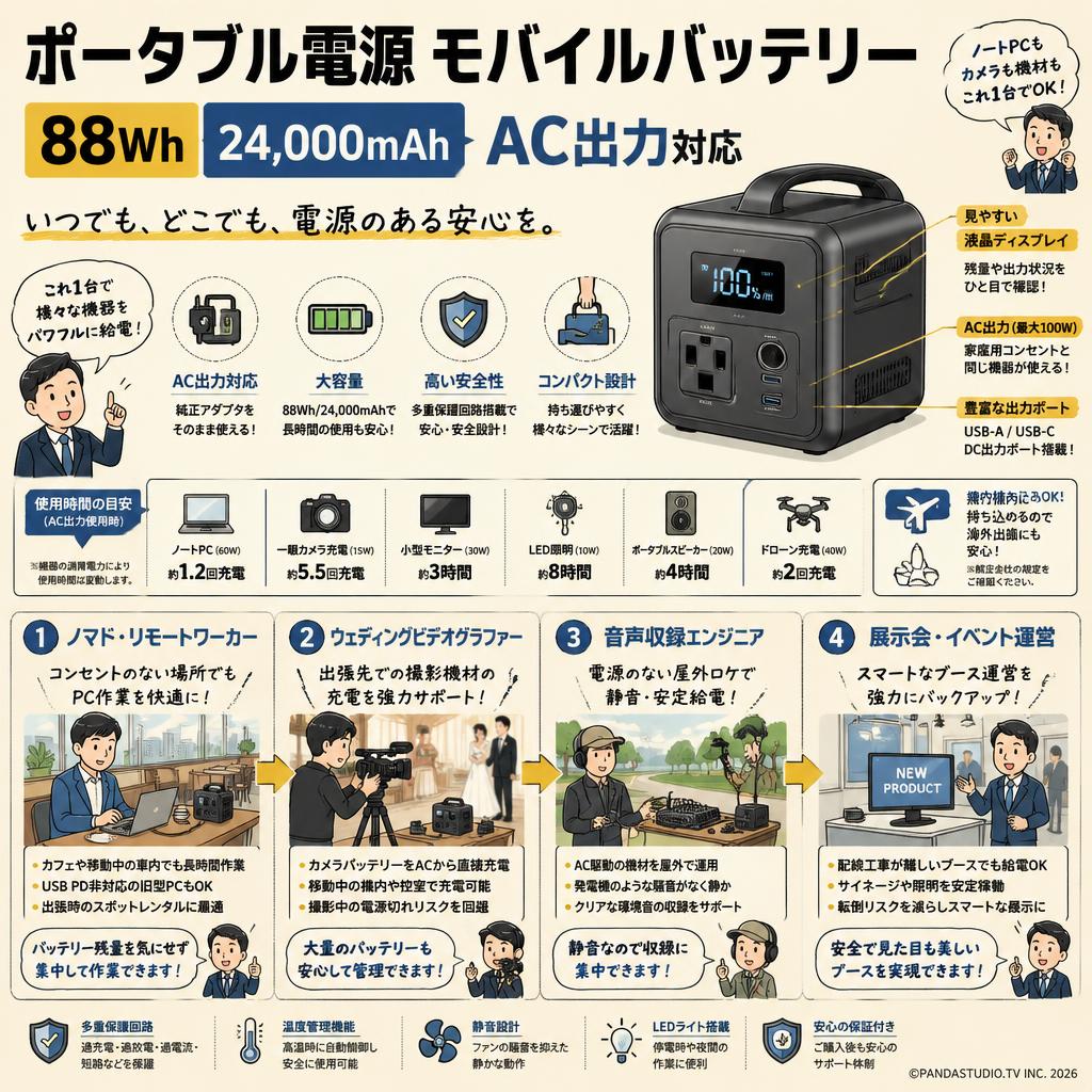ポータブル電源 モバイルバッテリー 88Wh 24,000mAh AC出力対応 おもな対象のお客様