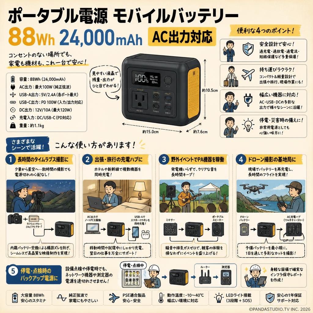 ポータブル電源 モバイルバッテリー 88Wh 24,000mAh AC出力対応 用途