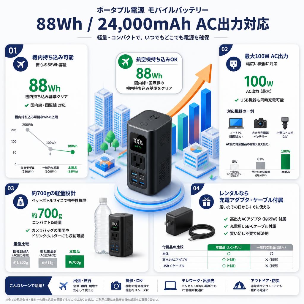ポータブル電源 モバイルバッテリー 88Wh 24,000mAh AC出力対応 セールスポイント