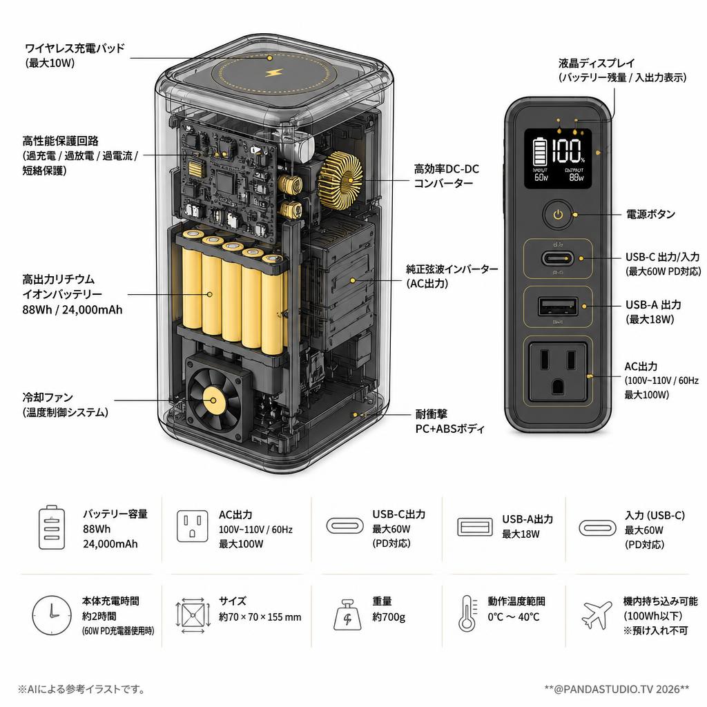 ポータブル電源 モバイルバッテリー 88Wh 24,000mAh AC出力対応 スペック