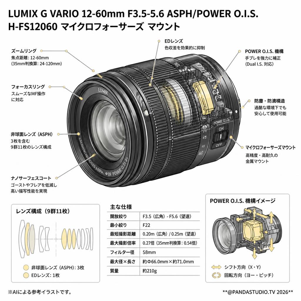LUMIX G VARIO 12-60mm F3.5-5.6 ASPH/POWER O.I.S. H-FS12060 マイクロフォーサーズ マウント スペック