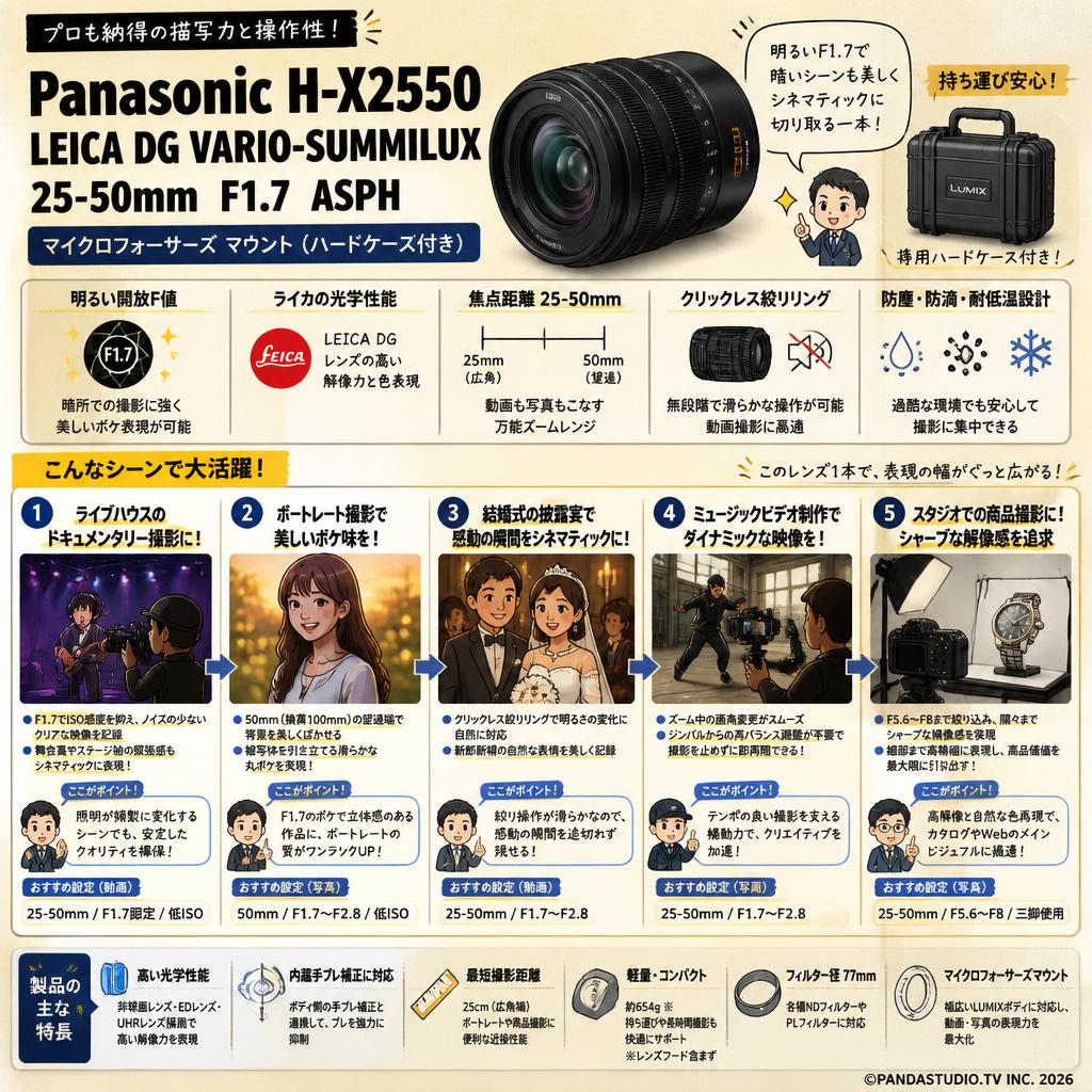 Panasonic H-X2550 LEICA DG VARIO-SUMMILUX 25-50mm  F1.7 ASPH マイクロフォーサーズ マウント（ハードケ－ス付き） 用途