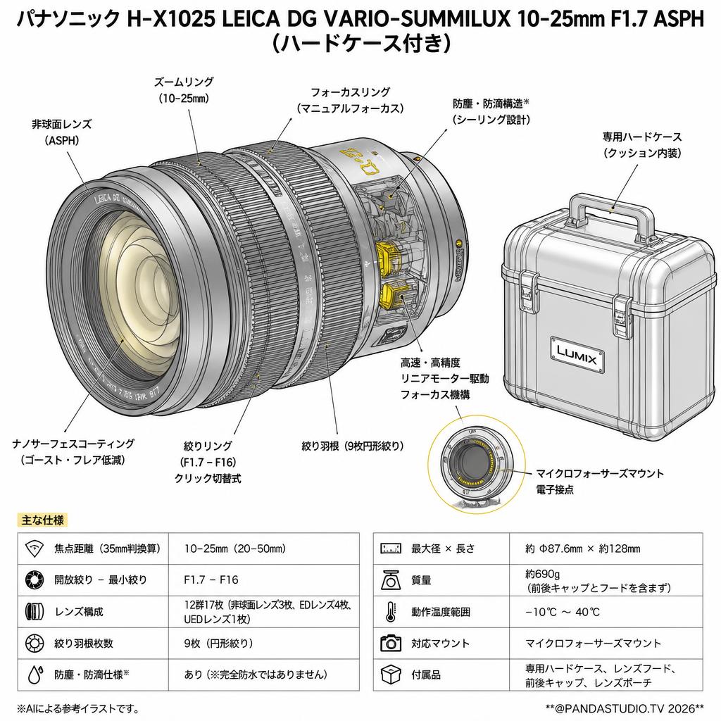 Panasonic H-X1025 LEICA DG VARIO-SUMMILUX 10-25mm F1.7 ASPH（ハードケ－ス付き） スペック