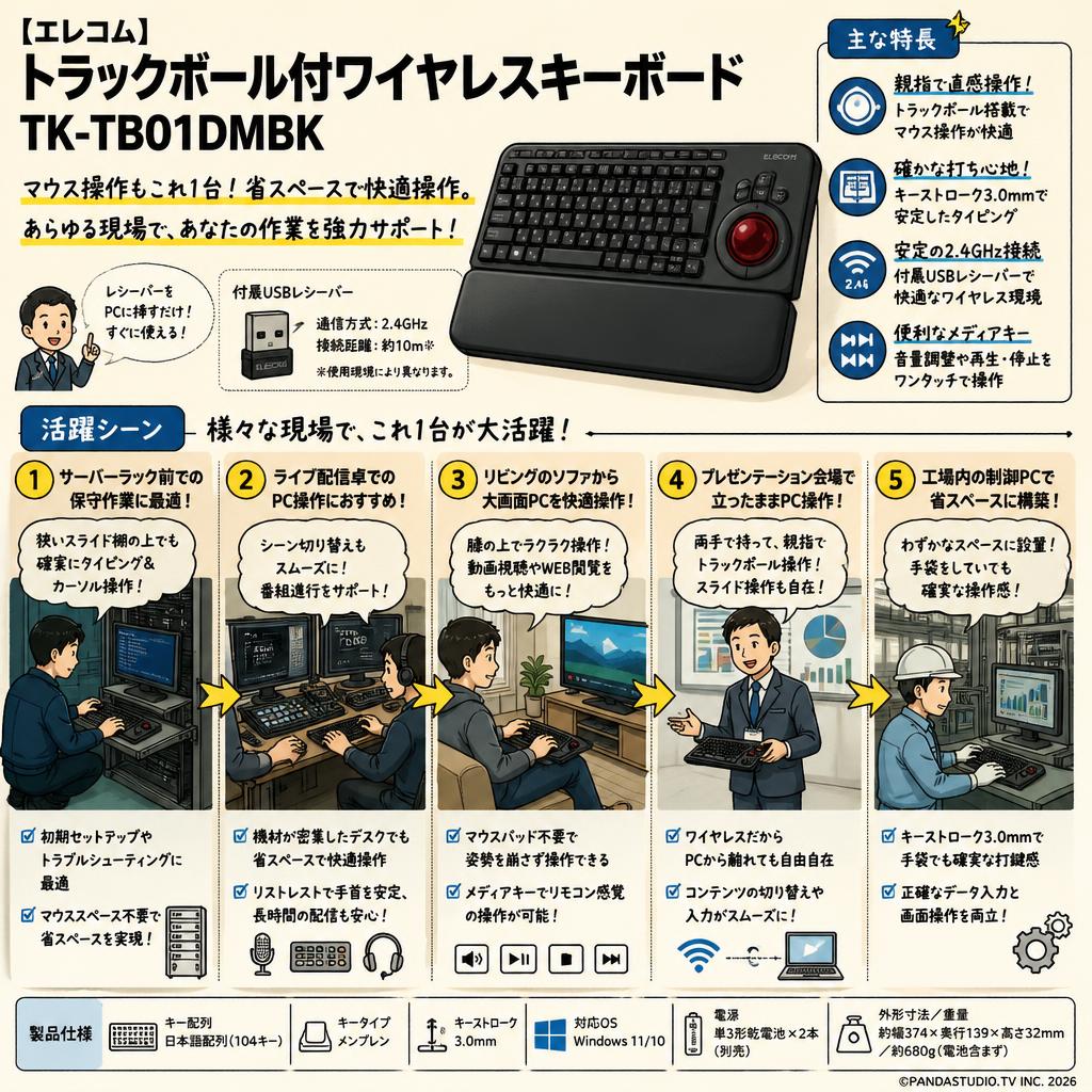 【エレコム】トラックボール付ワイヤレスキーボード TK-TB01DMBK 用途