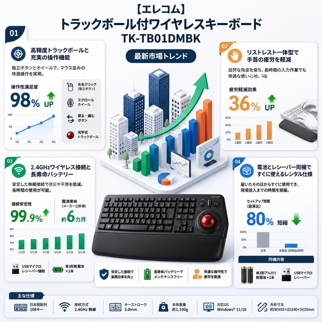 【エレコム】トラックボール付ワイヤレスキーボード TK-TB01DMBK セールスポイント