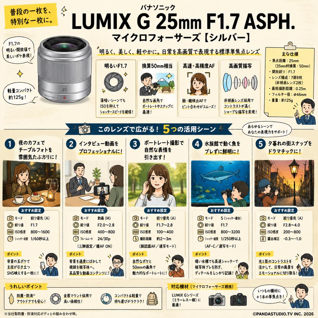 Panasonic LUMIX G 25mm F1.7 ASPH.マイクロフォーサーズ【シルバー】 用途