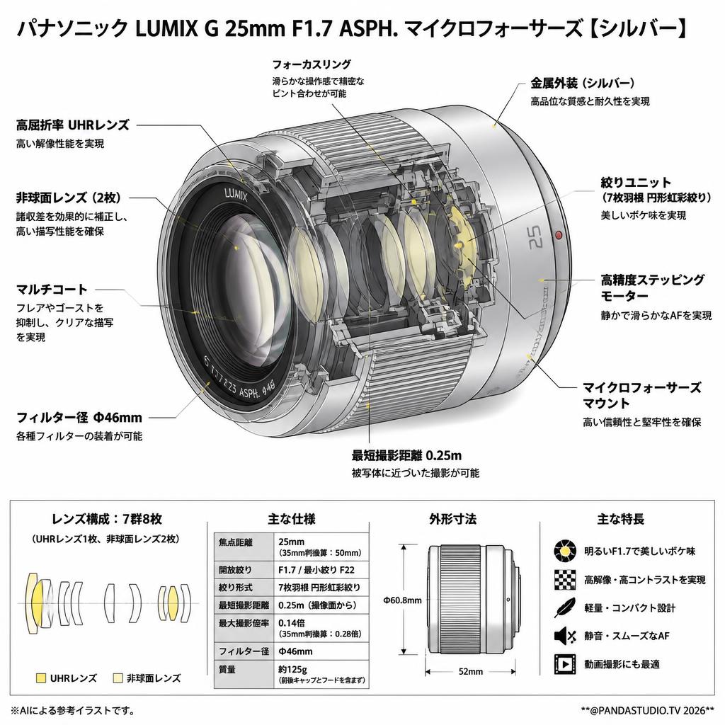 Panasonic LUMIX G 25mm F1.7 ASPH.マイクロフォーサーズ【シルバー】 スペック