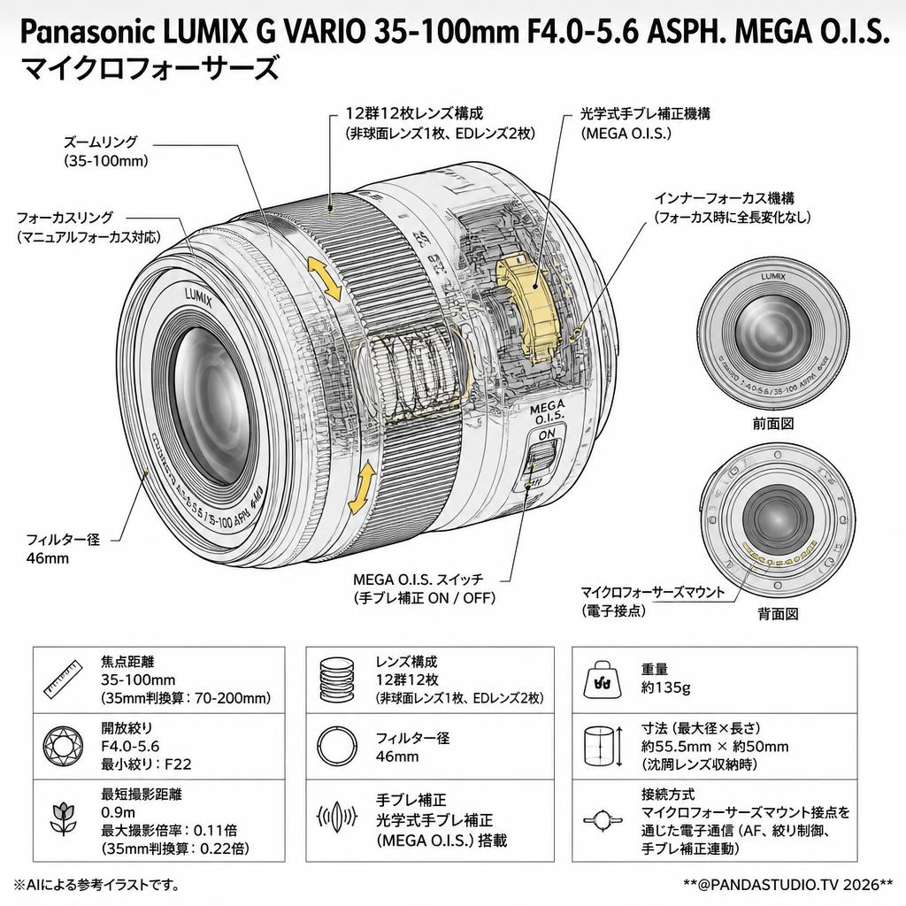 Panasonic LUMIX G VARIO 35-100mm F4.0-5.6 ASPH. MEGA O.I.S. マイクロフォーサーズ スペック
