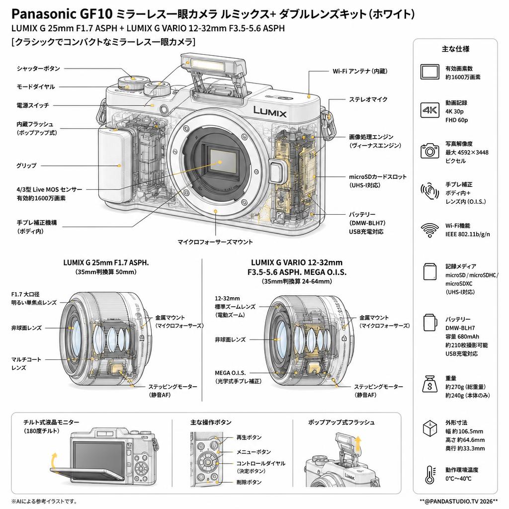 Panasonic GF10 ミラーレス一眼カメラ ルミックス+ ダブルレンズキット【LUMIX G 25mm F1.7 ASPH+LUMIX G VARIO 12-32mm F3.5-5.6 ASPH 】【標準ズームレンズ/望遠ズームレンズ】（ホワイト） スペック