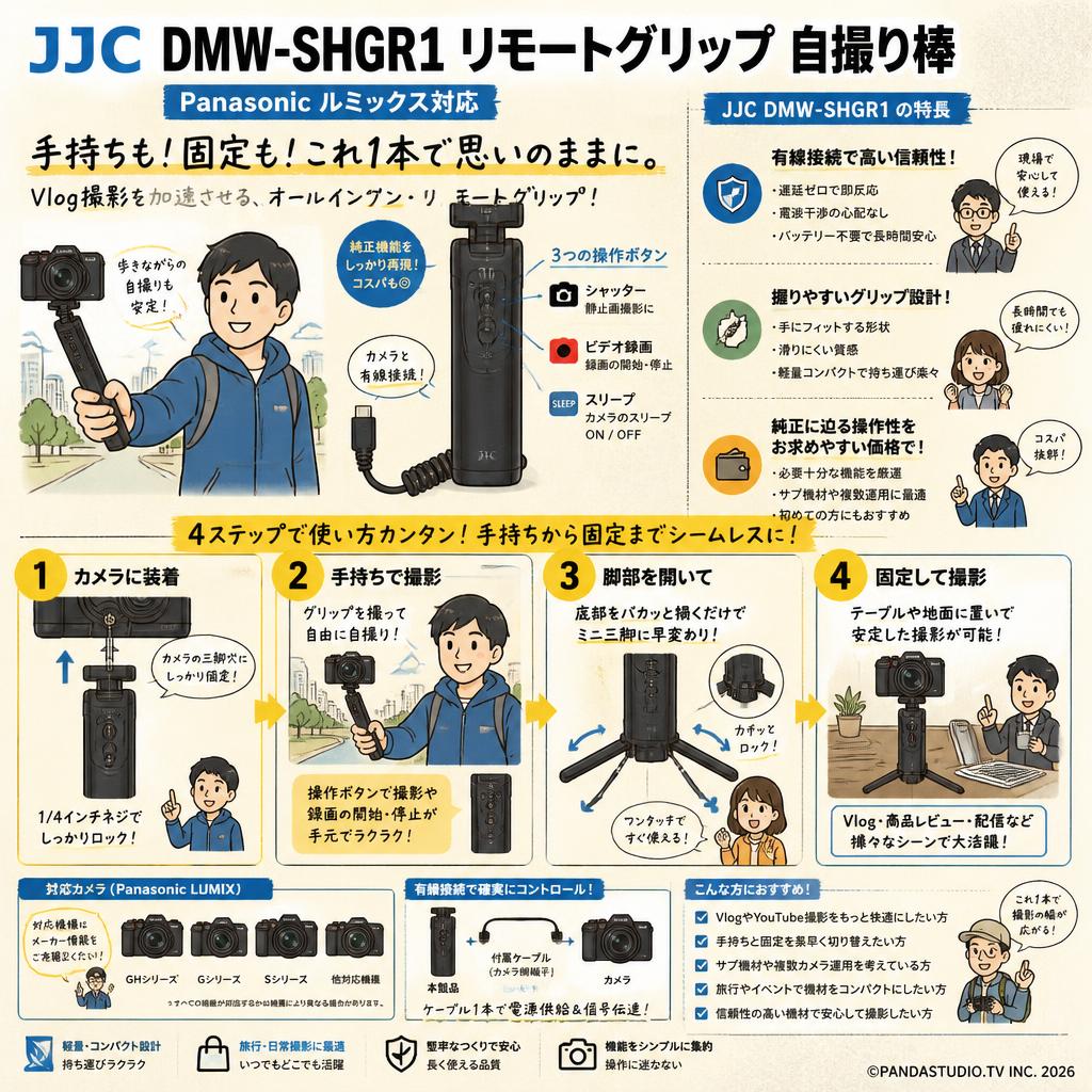 JJC DMW-SHGR1 リモートググリップ 自撮り棒 Panasonic ルミックス対応 概要