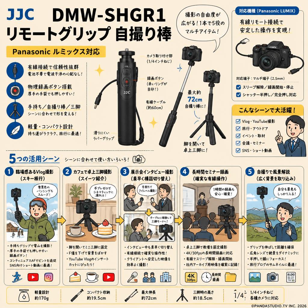 JJC DMW-SHGR1 リモートググリップ 自撮り棒 Panasonic ルミックス対応 用途