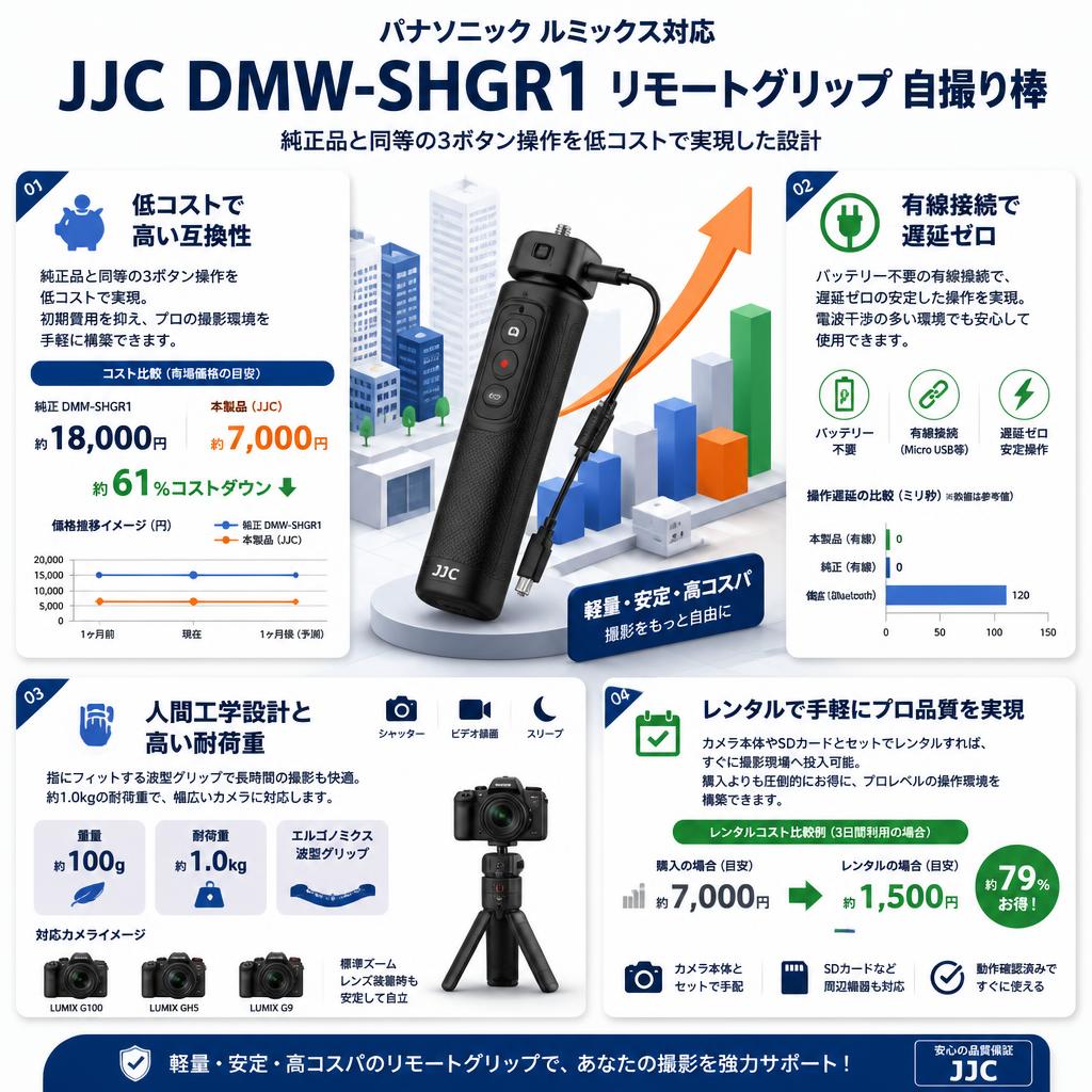 JJC DMW-SHGR1 リモートググリップ 自撮り棒 Panasonic ルミックス対応 セールスポイント