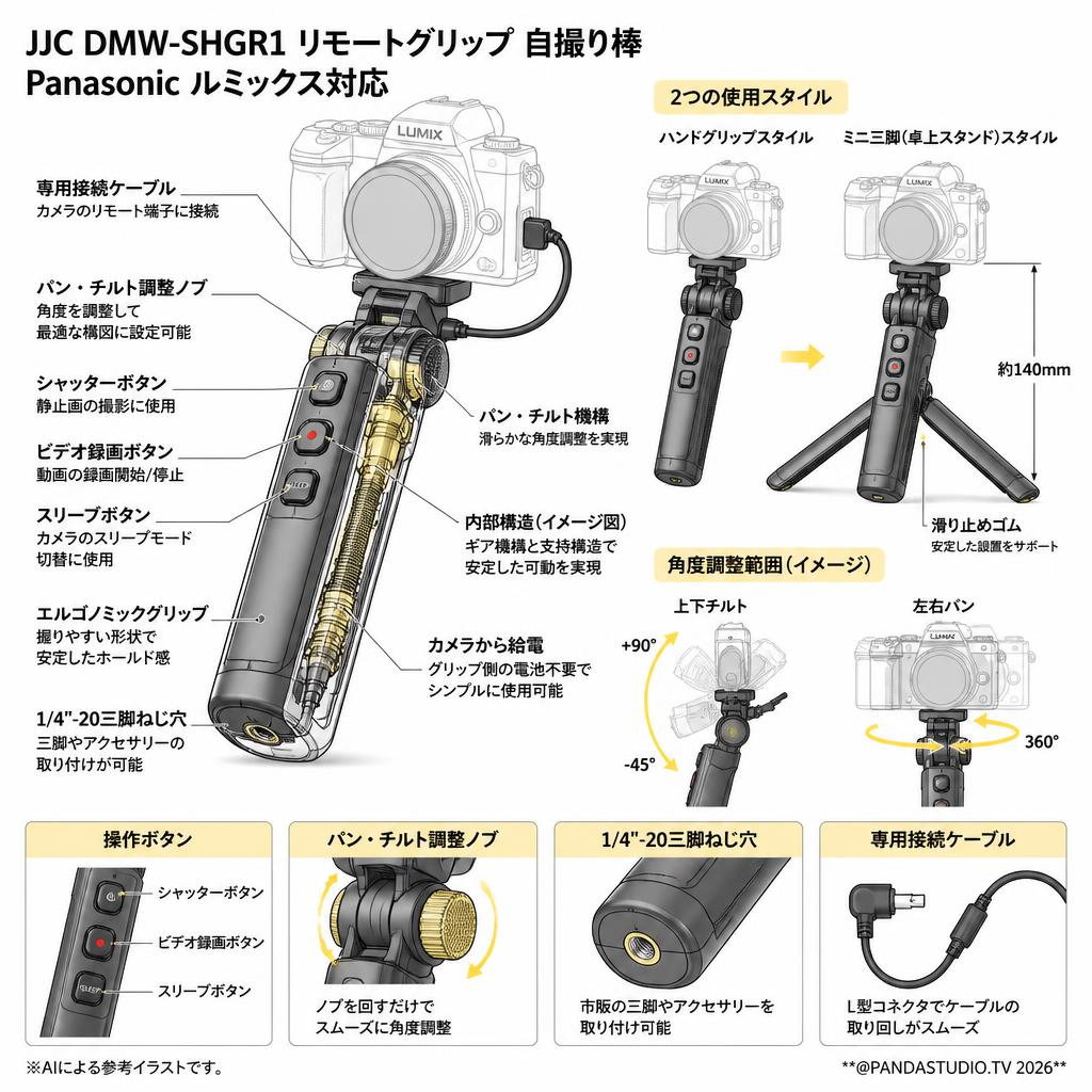 JJC DMW-SHGR1 リモートググリップ 自撮り棒 Panasonic ルミックス対応 スペック