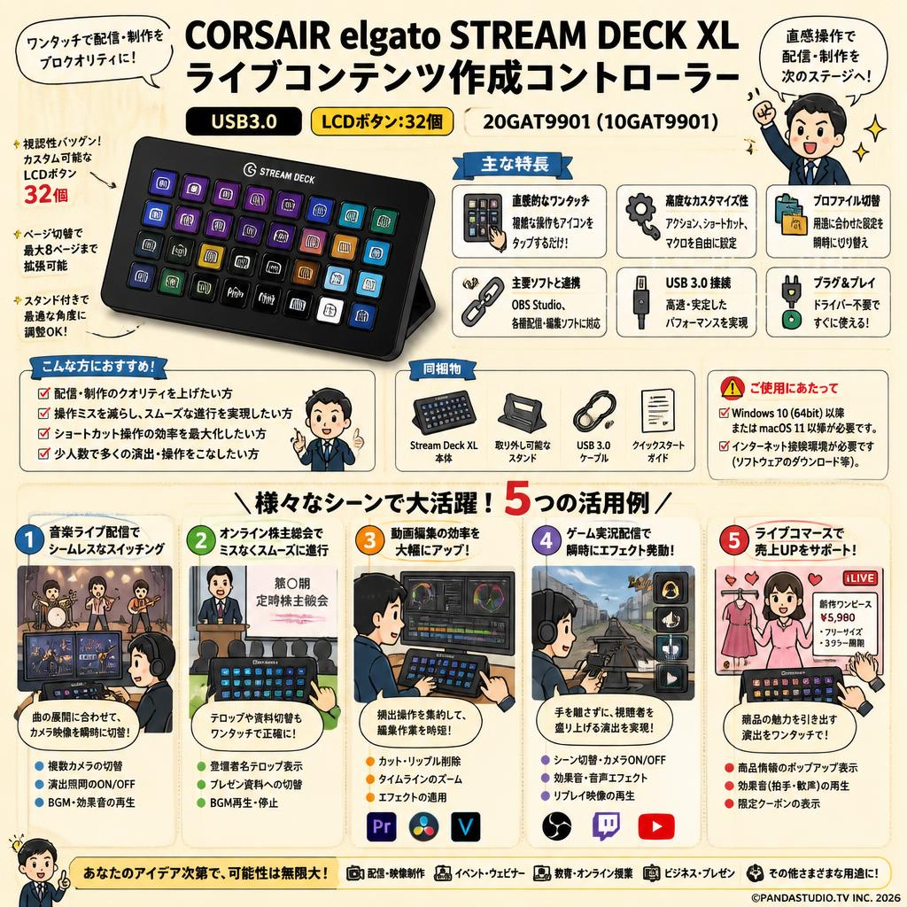 CORSAIR elgato STREAM DECK XLライブコンテンツ作成コントローラーUSB3.0 LCDボタン:32個 20GAT9901（10GAT9901） 用途