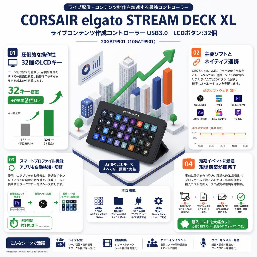 CORSAIR elgato STREAM DECK XLライブコンテンツ作成コントローラーUSB3.0 LCDボタン:32個 20GAT9901（10GAT9901） セールスポイント