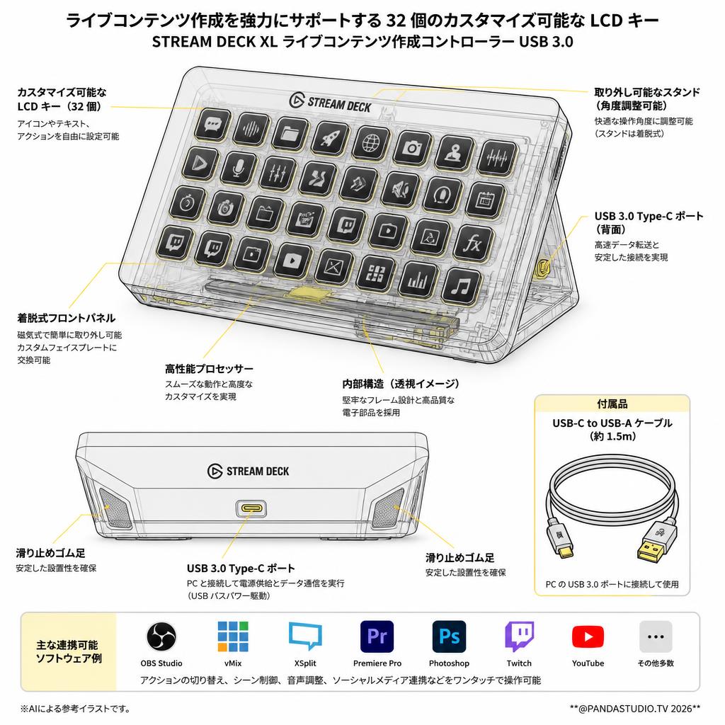 CORSAIR elgato STREAM DECK XLライブコンテンツ作成コントローラーUSB3.0 LCDボタン:32個 20GAT9901（10GAT9901） スペック