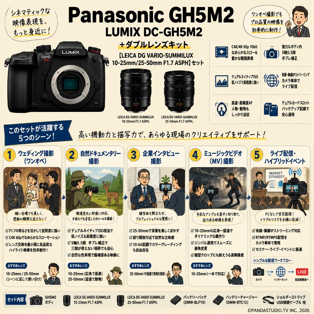 Panasonic GH5M2 LUMIX DC-GH5M2＋ダブルレンズキット【LEICA DG VARIO-SUMMILUX 10-25mm/25-50mm F1.7 ASPH】セット 用途