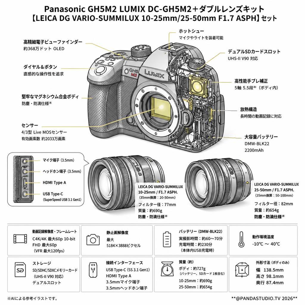 Panasonic GH5M2 LUMIX DC-GH5M2＋ダブルレンズキット【LEICA DG VARIO-SUMMILUX 10-25mm/25-50mm F1.7 ASPH】セット スペック
