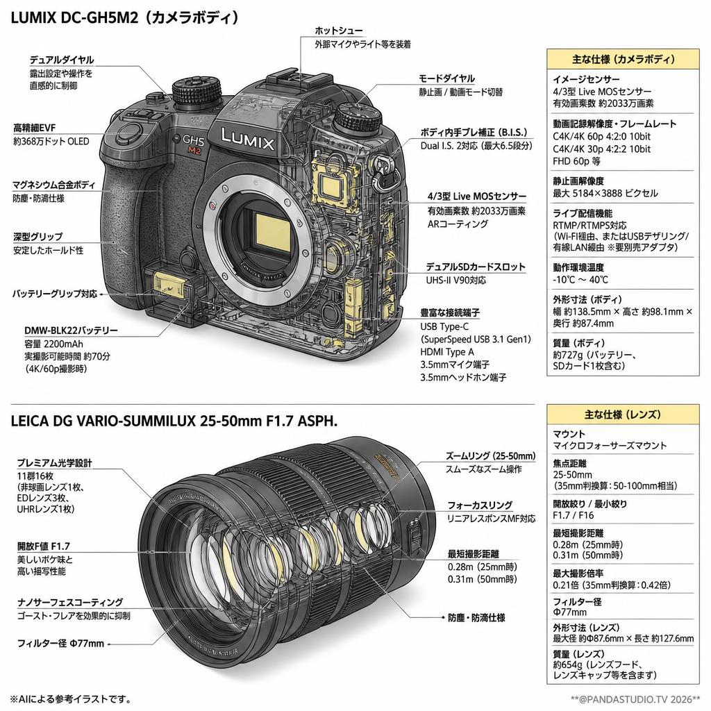 Panasonic GH5M2 LUMIX DC-GH5M2＋LEICA DG VARIO-SUMMILUX 25-50mm  F1.7 ASPH セット スペック