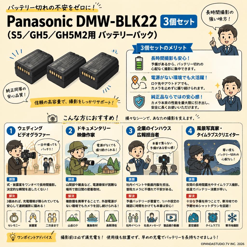 Panasonic DMW-BLK22 (S5 GH5 GH5M2用 バッテリーパック)3個セット おもな対象のお客様