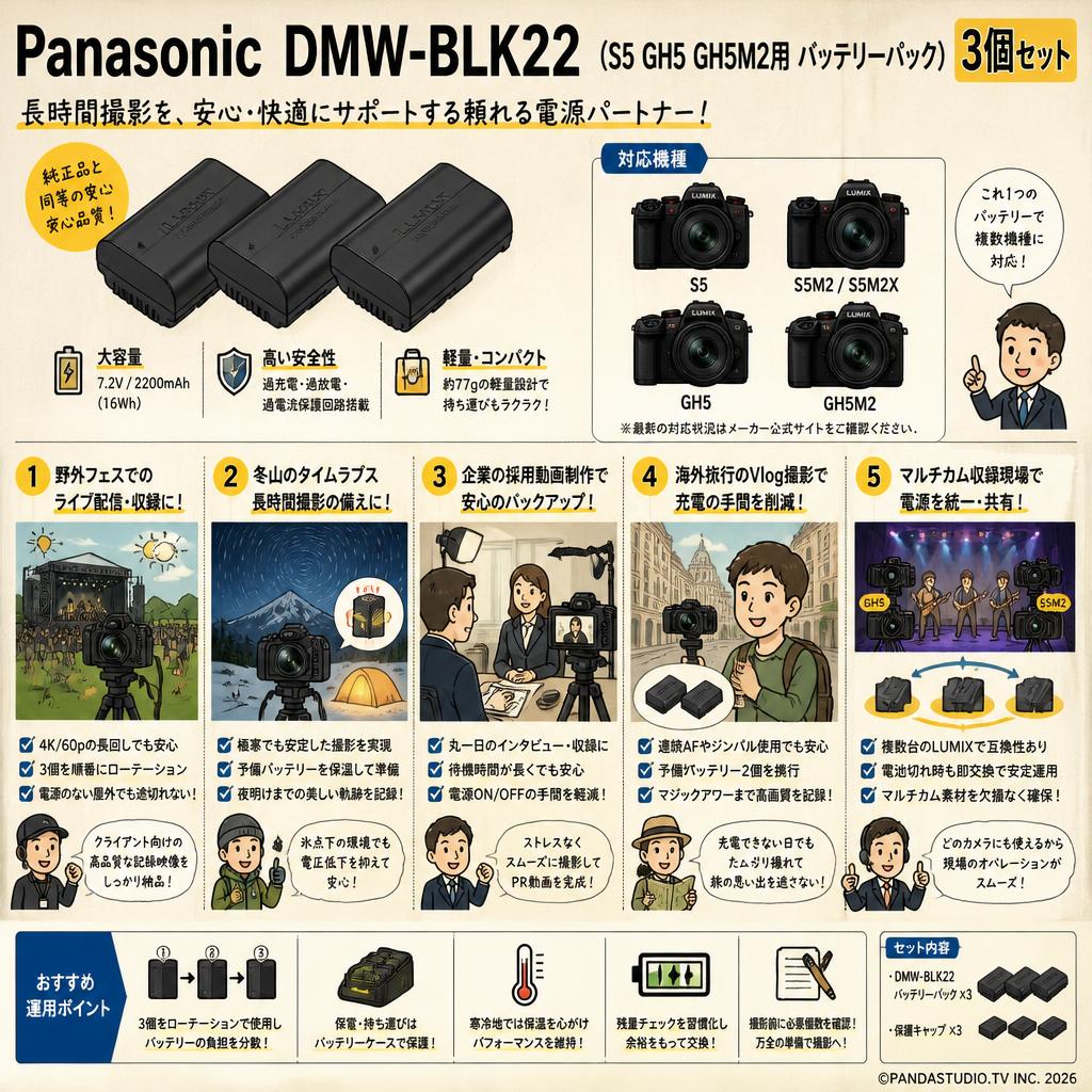 Panasonic DMW-BLK22 (S5 GH5 GH5M2用 バッテリーパック)3個セット 用途