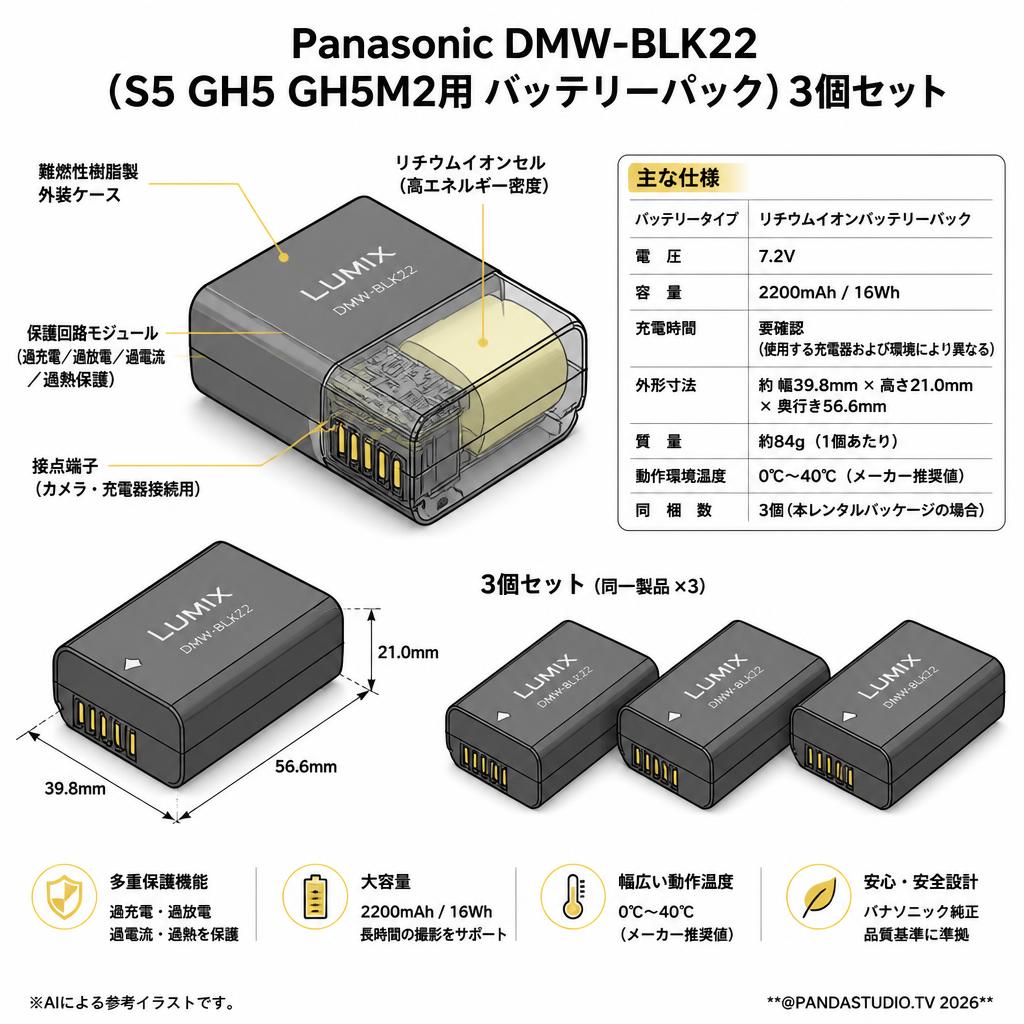 Panasonic DMW-BLK22 (S5 GH5 GH5M2用 バッテリーパック)3個セット スペック