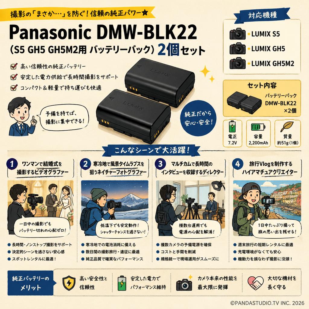 Panasonic DMW-BLK22 (S5 GH5 GH5M2用 バッテリーパック)2個セット おもな対象のお客様