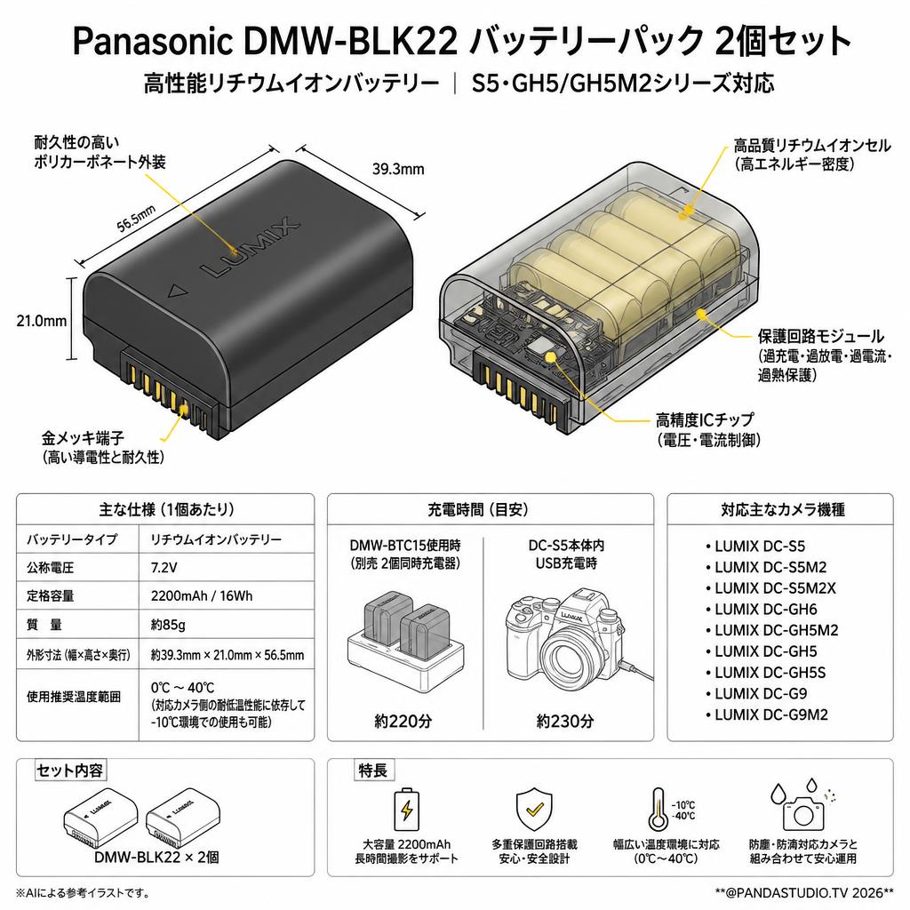 Panasonic DMW-BLK22 (S5 GH5 GH5M2用 バッテリーパック)2個セット スペック