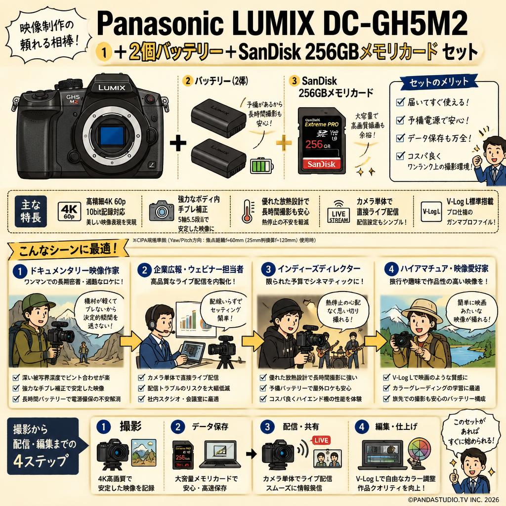 Panasonic LUMIX DC-GH5M2 ＋ 2個バッテリー＋SanDisk 256GBメモリカード セット おもな対象のお客様