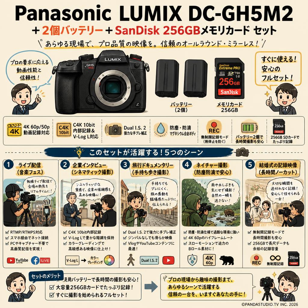 Panasonic LUMIX DC-GH5M2 ＋ 2個バッテリー＋SanDisk 256GBメモリカード セット 用途