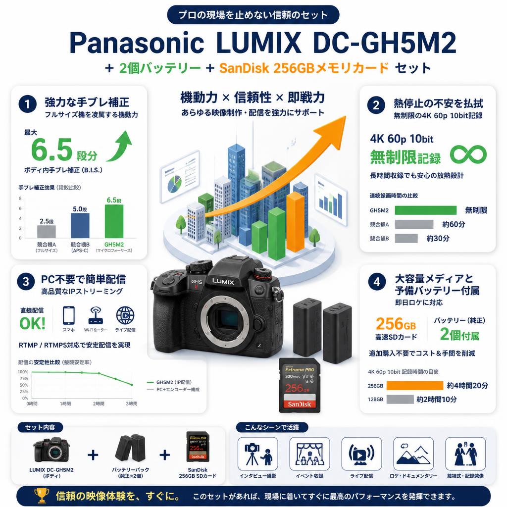 Panasonic LUMIX DC-GH5M2 ＋ 2個バッテリー＋SanDisk 256GBメモリカード セット セールスポイント