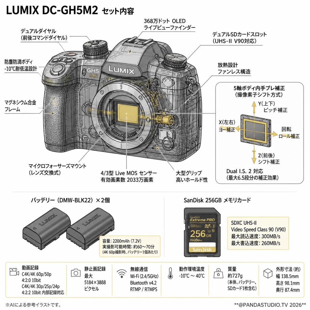 Panasonic LUMIX DC-GH5M2 ＋ 2個バッテリー＋SanDisk 256GBメモリカード セット スペック