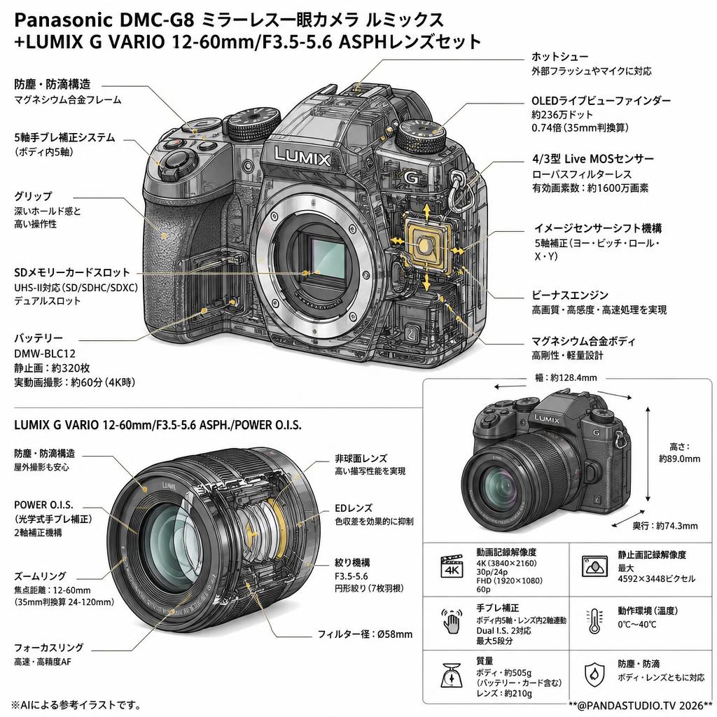 Panasonic DMC-G8 ミラーレス一眼カメラ ルミックス +LUMIX G VARIO 12-60mm/F3.5-5.6 ASPHレンズセット スペック