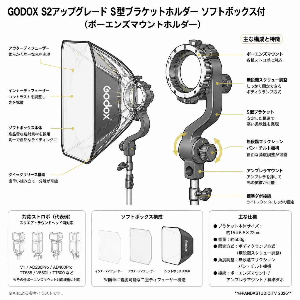 GODOX S2アップグレード S型ブラケットホルダー ソフトボックス付 (ボーエンズマウントホルダー） スペック